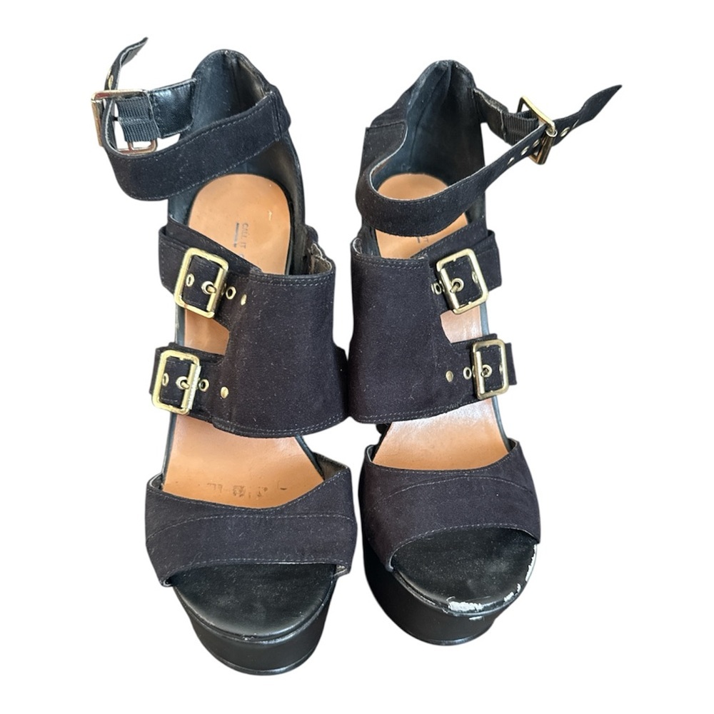 Call It Spring Black Wedge Sandals gold Buckles Size 8